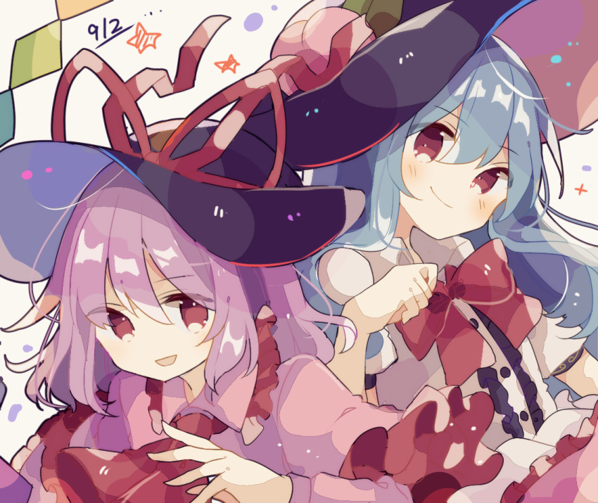 2girls black_headwear blouse blue_hair bow bowtie buttons capelet food frills fruit hat hat_bow hat_ribbon hinanawi_tenshi leaf long_hair mina_(sio0616) multiple_girls nagae_iku peach purple_hair red_eyes ribbon shawl short_sleeves touhou white_blouse