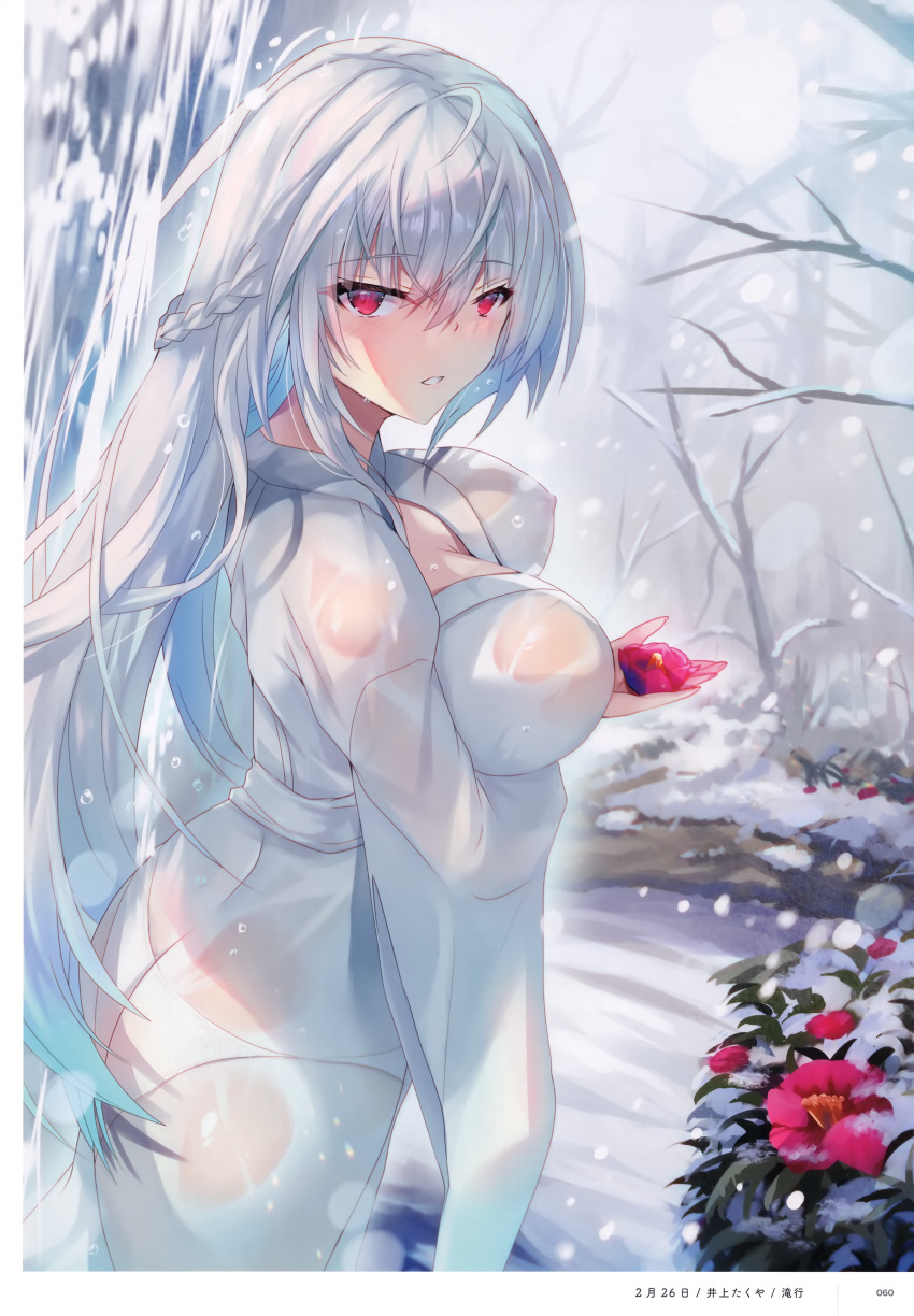 1girl absurdres artist_name ass breasts flower highres hinot holding large_breasts long_hair looking_at_viewer original outdoors page_number parted_lips scan see-through shiny shiny_hair snowing solo white_hair