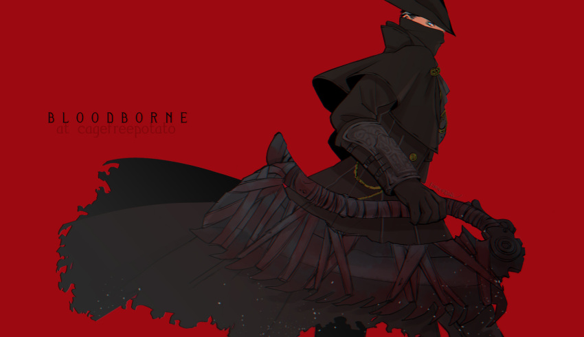 1boy blood bloodborne bloody_weapon cagefreepotato capelet cloak coat english_text gloves hat highres holding holding_weapon hunter_(bloodborne) male_focus mask mouth_mask red_background saw_cleaver simple_background solo tricorne weapon