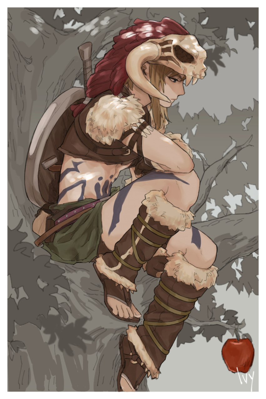 1boy apple barbarian_link blonde_hair boots brown_footwear brown_skirt commentary_request food foot_up forest from_side fruit fur-trimmed_boots fur_trim half-closed_eyes hat highres iva_(sena0119) jewelry looking_down male_focus midriff nature pointy_ears red_apple red_headwear sandals shield short_sleeves shorts sidelocks sitting skirt skull_on_head solo tattoo the_legend_of_zelda the_legend_of_zelda:_breath_of_the_wild tree tribal weapon weapon_on_back