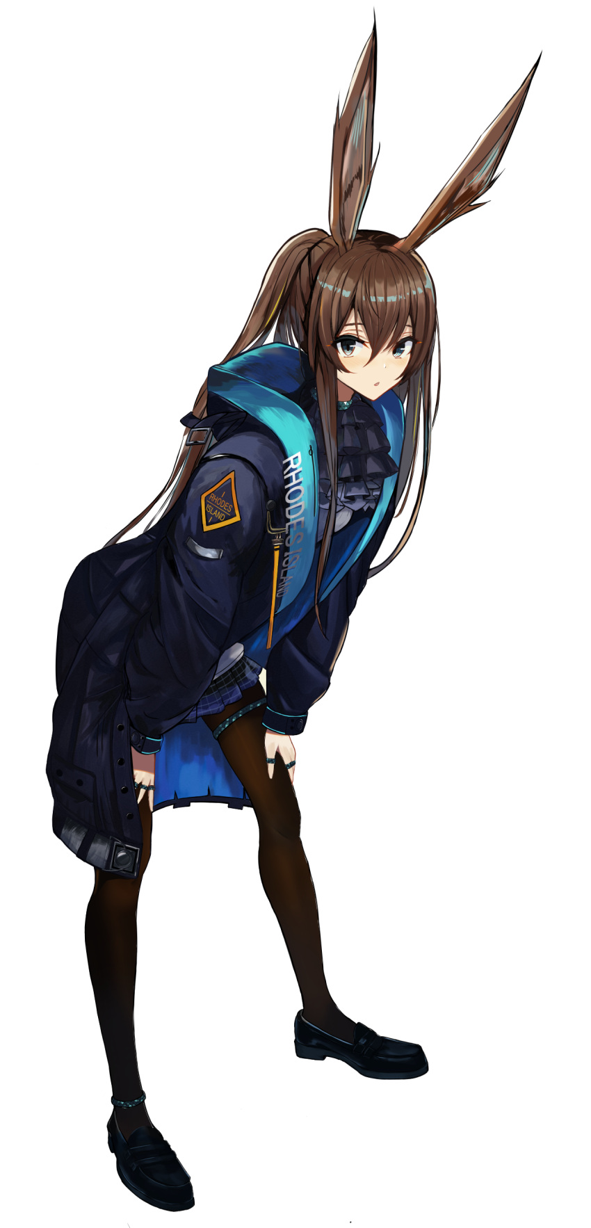 1girl absurdres amiya_(arknights) animal_ears arknights ascot bangs black_coat black_footwear black_legwear black_neckwear blue_skirt blush brown_hair bunny_girl clothes_writing coat commentary_request green_eyes hair_between_eyes hands_on_own_knees highres jewelry leaning_forward loafers long_hair long_sleeves looking_at_viewer miniskirt open_clothes open_coat parted_lips pleated_skirt ponytail rabbit_ears ring shoes sidelocks skirt solo sorami_sachi standing thighlet very_long_hair