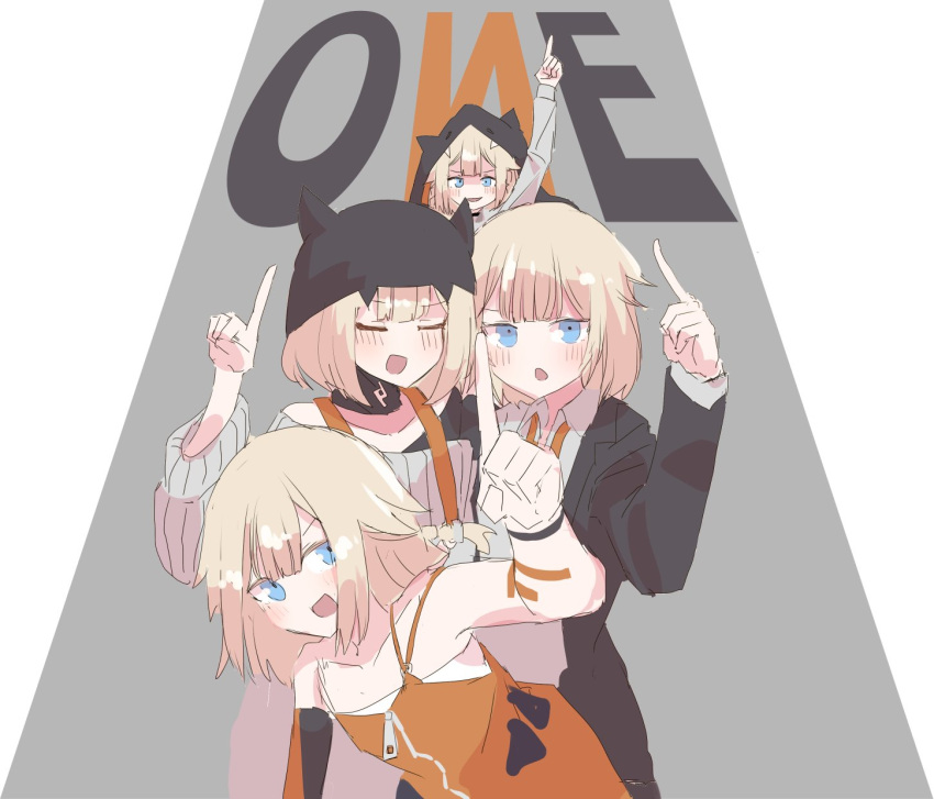 4girls bangs black_jacket blue_eyes blunt_bangs cevio character_name closed_eyes commentary hair_flaps hand_up highres index_finger_raised jacket looking_at_viewer multiple_girls multiple_persona oboroge_faint one_(cevio) open_mouth orange_shirt platinum_blonde_hair ribbed_sweater shirt short_hair smile sweater white_shirt