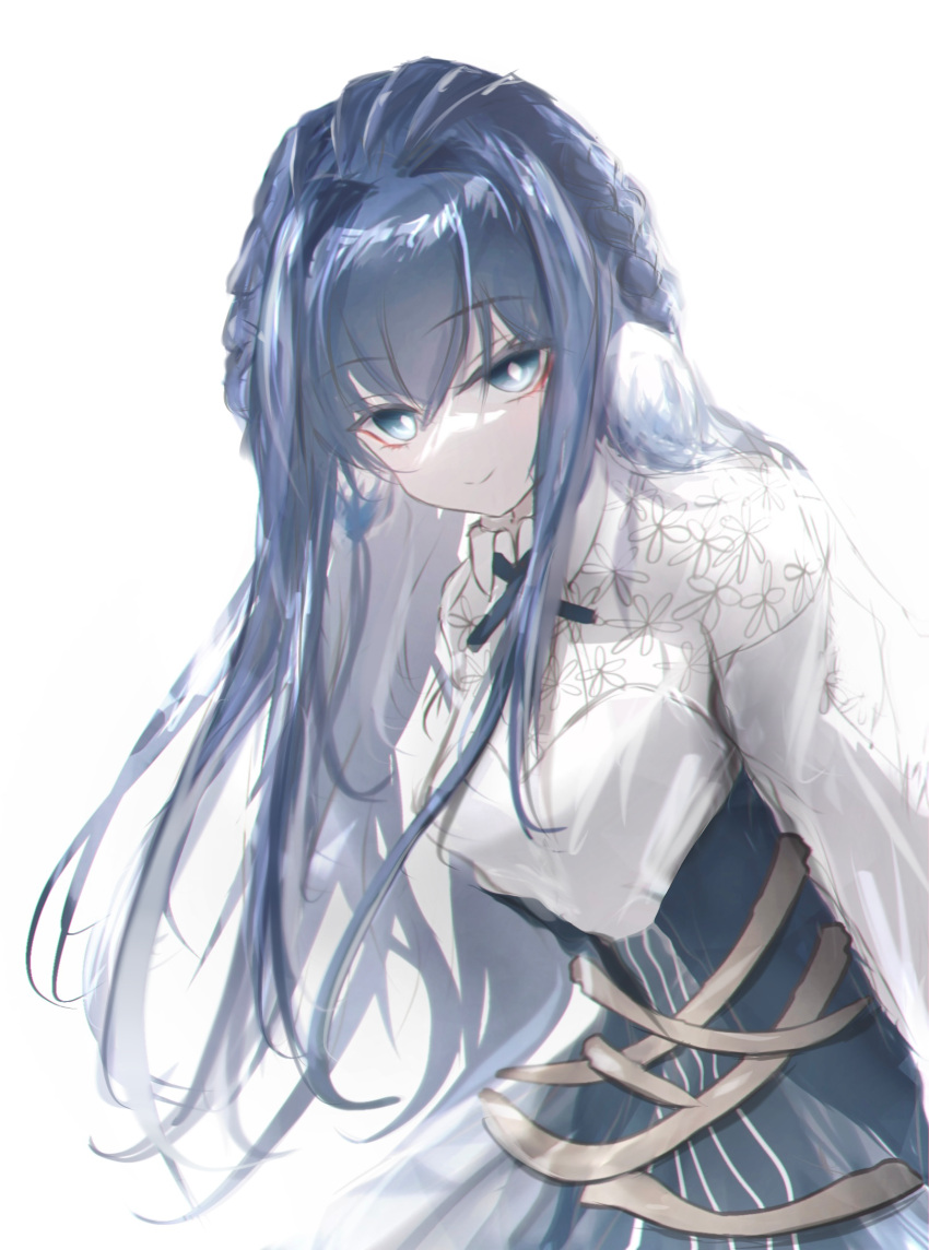 1girl arknights astesia_(arknights) blue_dress blue_eyes blue_hair blue_necktie braid breasts bright_pupils collared_dress cross_tie diamond-shaped_pupils diamond_(shape) dress highres long_hair looking_at_viewer mebe_(teadia_violet) necktie simple_background small_breasts smile solo symbol-shaped_pupils two-tone_dress upper_body white_background white_dress white_pupils