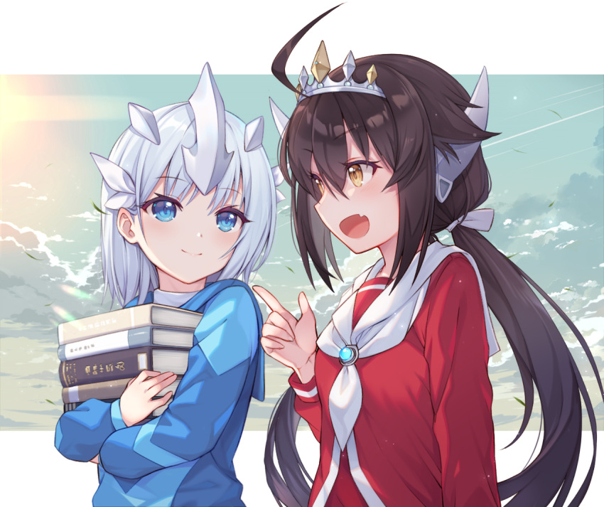 2girls ahoge bangs blue_eyes blue_shirt blush book book_stack brown_eyes brown_hair character_request closed_mouth commentary_request crown fang gem genderswap genderswap_(mtf) grey_hair hair_between_eyes hair_ornament hand_up holding holding_book index_finger_raised long_hair long_sleeves looking_at_another multiple_girls neckerchief object_hug open_mouth pointing_at_another ponytail red_shirt sailor_collar school_uniform serafuku shirt sky smile taro_(ultrataro) twintails ultra_galaxy_fight:_the_absolute_conspiracy ultra_series ultraman_tarou ultraman_tarou_(series) ultraman_tregear upper_body