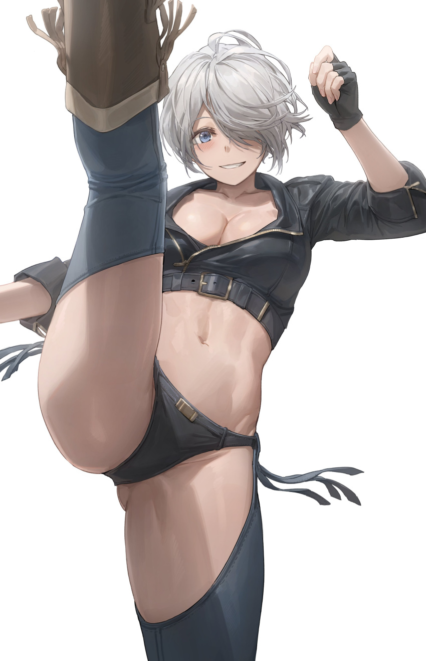 1girl absurdres angel_(kof) bangs blue_eyes blush breasts chaps free_style_(yohan1754) highres king_of_fighters large_breasts looking_at_viewer midriff short_hair silver_hair simple_background smile the_king_of_fighters white_background yohan1754