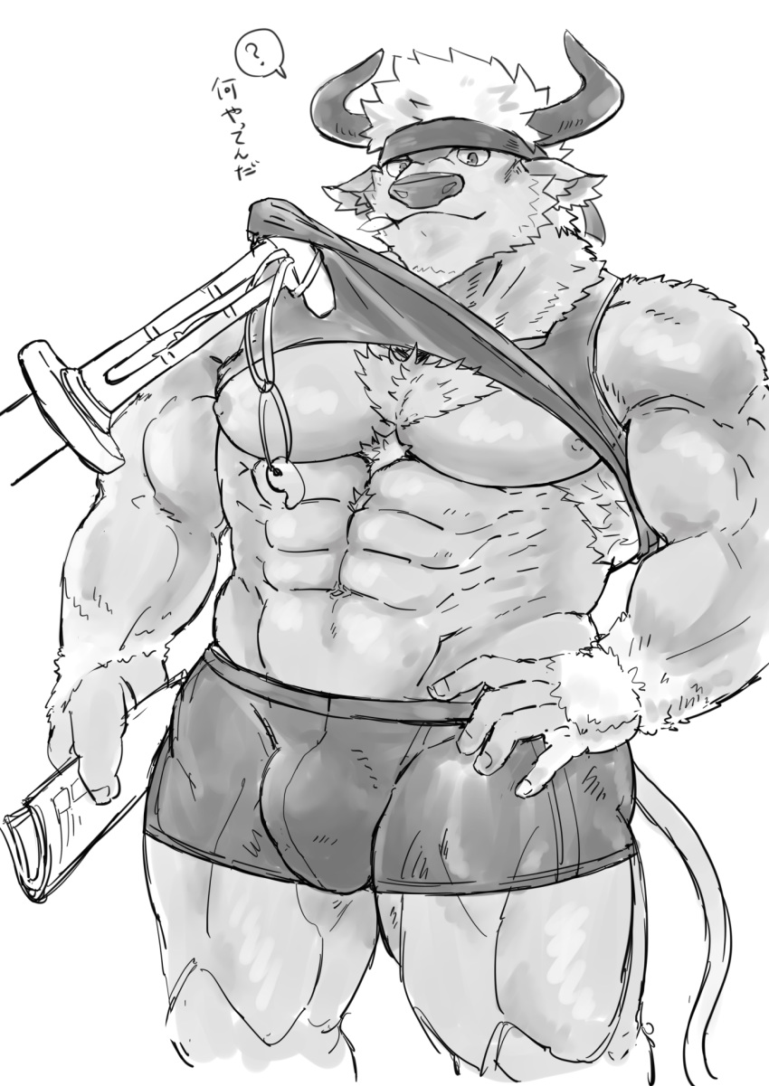 1boy 1other ? abs animal_ears armpit_hair bara bare_arms bare_shoulders boxers bulge chest chest_hair cow_boy cow_ears cow_horns facial_hair feet_out_of_frame furry goatee greyscale gumiten hand_on_hip highres horns lifted_by_another male_focus mint monochrome muscle navel newspaper shennong_(tokyo_afterschool_summoners) shirt_lift short_hair sideburns spoken_question_mark sword thick_thighs thighs tokyo_houkago_summoners underwear weapon white_hair wooden_sword