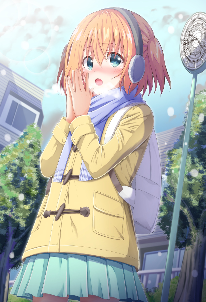 1girl absurdres aqua_eyes artina backpack bag bangs blue_scarf blue_skirt blush breath clock coat cowboy_shot earmuffs eyebrows_visible_through_hair hands_together highres long_sleeves open_mouth orange_hair original outdoors scarf skirt sky snow solo tree twintails yellow_coat