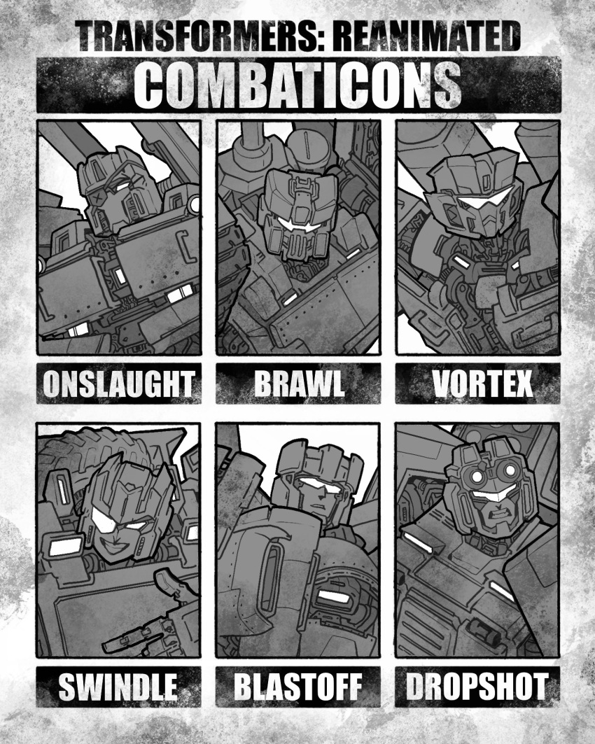 6+boys blast_off brawl character_name decepticon dropshot eyepatch highres mecha monochrome multiple_boys no_humans one_eye_covered onslaught pointing redesign six_fanarts_challenge swindle_(transformers) theamazingspino transformers visor vortex_(transformers) white_eyes