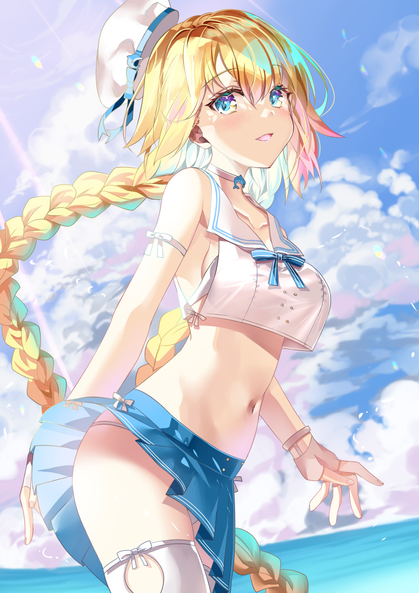 1girl absurdres alternate_costume bangs bare_arms bare_shoulders bikini bikini_under_clothes blonde_hair blue_eyes blue_ribbon blue_skirt blue_sky blush braid breasts choker collarbone commentary_request crop_top crop_top_overhang day dolphin fate/grand_order fate_(series) fingerless_gloves from_side gloves hat headpiece highres jeanne_d'arc_(fate) jeanne_d'arc_(fate)_(all) large_breasts long_braid long_hair looking_at_viewer looking_to_the_side midriff miniskirt navel ocean open_mouth outdoors pleated_skirt ribbon sailor_collar sailor_hat shirt sho_(runatic_moon) single_braid skirt skirt_lift sky sleeveless sleeveless_shirt smile solo standing striped striped_ribbon swimsuit teeth thigh-highs very_long_hair white_bikini white_choker white_headwear white_legwear white_sailor_collar white_shirt wind wind_lift