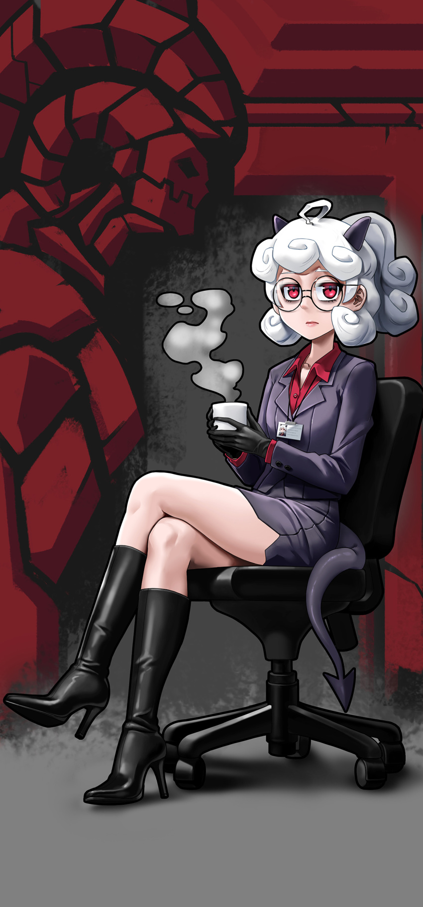 1girl absurdres bare_legs black_footwear black_gloves blazer boots chair coffee_mug crossed_legs cup demon_girl demon_horns demon_tail dress_shirt expressionless formal glasses gloves helltaker high_heel_boots high_heels highres horns jacket jitome knee_boots long_sleeves looking_at_viewer mug name_tag office_chair pandawei pandemonica_(helltaker) pencil_skirt red_eyes red_shirt shirt sitting skirt solo tail white_hair