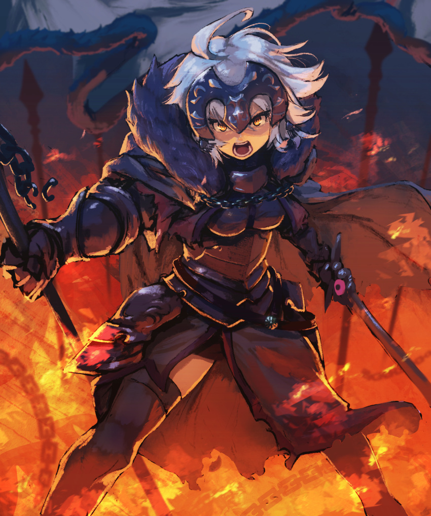 1girl ahoge armor batayu black_legwear breastplate cape chain commentary_request dual_wielding fate/grand_order fate_(series) faulds fire gauntlets glowing hair_between_eyes headpiece helmet highres holding holding_sword holding_weapon jeanne_d'arc_(alter)_(fate) jeanne_d'arc_(fate)_(all) legs_apart looking_at_viewer open_mouth ringed_eyes short_hair silver_hair slit_pupils solo standing sword teeth thigh-highs torn_cape torn_clothes weapon white_hair yellow_eyes zettai_ryouiki