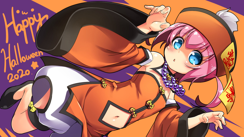 1girl bangs bare_shoulders bead_necklace beads blue_eyes blush brown_background brown_dress brown_headwear brown_sleeves clothing_cutout commentary_request dress eyebrows_visible_through_hair hair_between_eyes halloween hands_up happy_halloween hat highres jewelry jiangshi_costume kuwada_yuuki long_sleeves looking_at_viewer navel navel_cutout necklace ofuda original parted_lips pink_hair puffy_shorts purple_background qing_guanmao shorts solo strapless strapless_dress two-tone_background white_shorts wide_sleeves