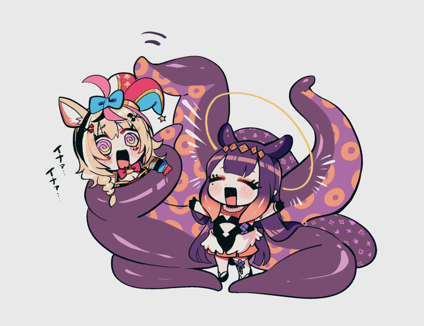 2girls animal_ears blonde_hair chibi closed_eyes fox_ears grey_background halo highres holding_person hololive hololive_english mayana_(bbpp) multiple_girls ninomae_ina'nis omaru_polka open_hands open_mouth purple_hair spiral_eyes tentacles violet_eyes virtual_youtuber