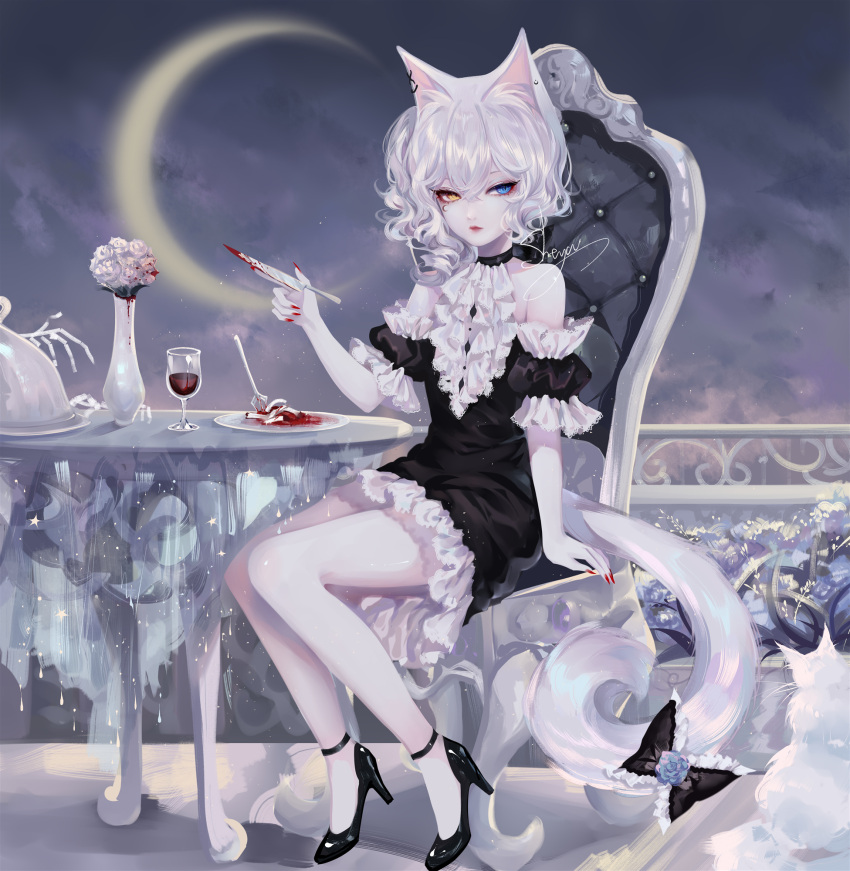 1girl animal_ears arm_support artist_name bangs bare_shoulders black_dress black_footwear blue_eyes cat_ears cat_tail chair commentary crescent_moon cup dress drinking_glass heterochromia high_heels highres looking_at_viewer moon nail_polish original puffy_short_sleeves puffy_sleeves red_nails sheya short_dress short_hair short_sleeves signature silver_hair sitting solo symbol_commentary table tail vase wine_glass yellow_eyes