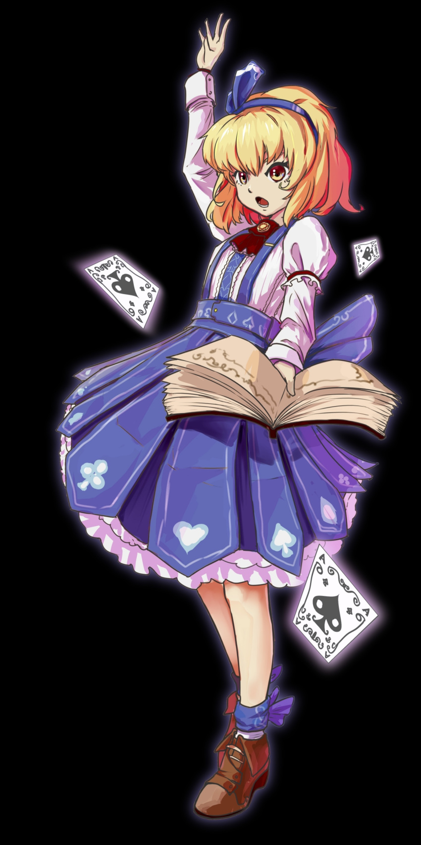 1girl :o absurdres alice_margatroid alice_margatroid_(pc-98) ankle_bow arm_up black_background blonde_hair bloody_cuke blue_bow blue_hairband blue_legwear blue_sash blue_skirt book bow brown_footwear card center_frills chinese_commentary club_(shape) commentary_request cravat diamond_(shape) frilled_neckwear frilled_skirt frills full_body glowing hair_ornament hair_ribbon hairband heart heart_print hexagram high-waist_skirt highres holding holding_book long_sleeves looking_away open_book open_mouth outline outstretched_arm partial_commentary petticoat playing_card playing_card_print puffy_short_sleeves puffy_sleeves purple_bow red_neckwear ribbon sash shoes short_hair short_over_long_sleeves short_sleeves simple_background skirt solo spade_(shape) star_of_david suspender_skirt suspenders touhou touhou_(pc-98) white_legwear yellow_eyes