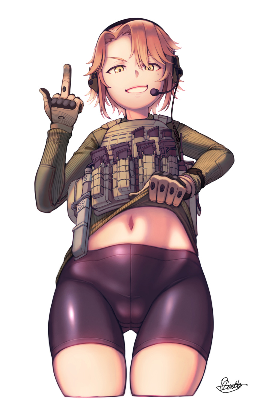 1girl absurdres bayonet bike_shorts dragoncastle gloves headset highres lifted_by_self load_bearing_vest looking_at_viewer magazine_(weapon) middle_finger navel orange_hair original pantylines sheath sheathed shirt_lift short_hair smirk solo white_background