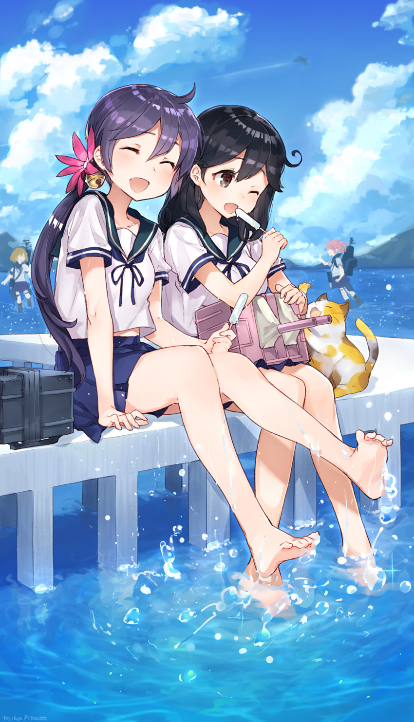 4girls akebono_(kantai_collection) bandaid bandaid_on_face barefoot bell black_hair brown_hair cat closed_eyes clouds day feet flower food hair_bell hair_flower hair_ornament highres jingle_bell kantai_collection long_hair mika_pikazo multiple_girls oboro_(kantai_collection) open_mouth outdoors pier pink_hair popsicle purple_hair sazanami_(kantai_collection) school_uniform serafuku short_hair side_ponytail sky smile soaking_feet splashing standing standing_on_liquid turret ushio_(kantai_collection) very_long_hair water