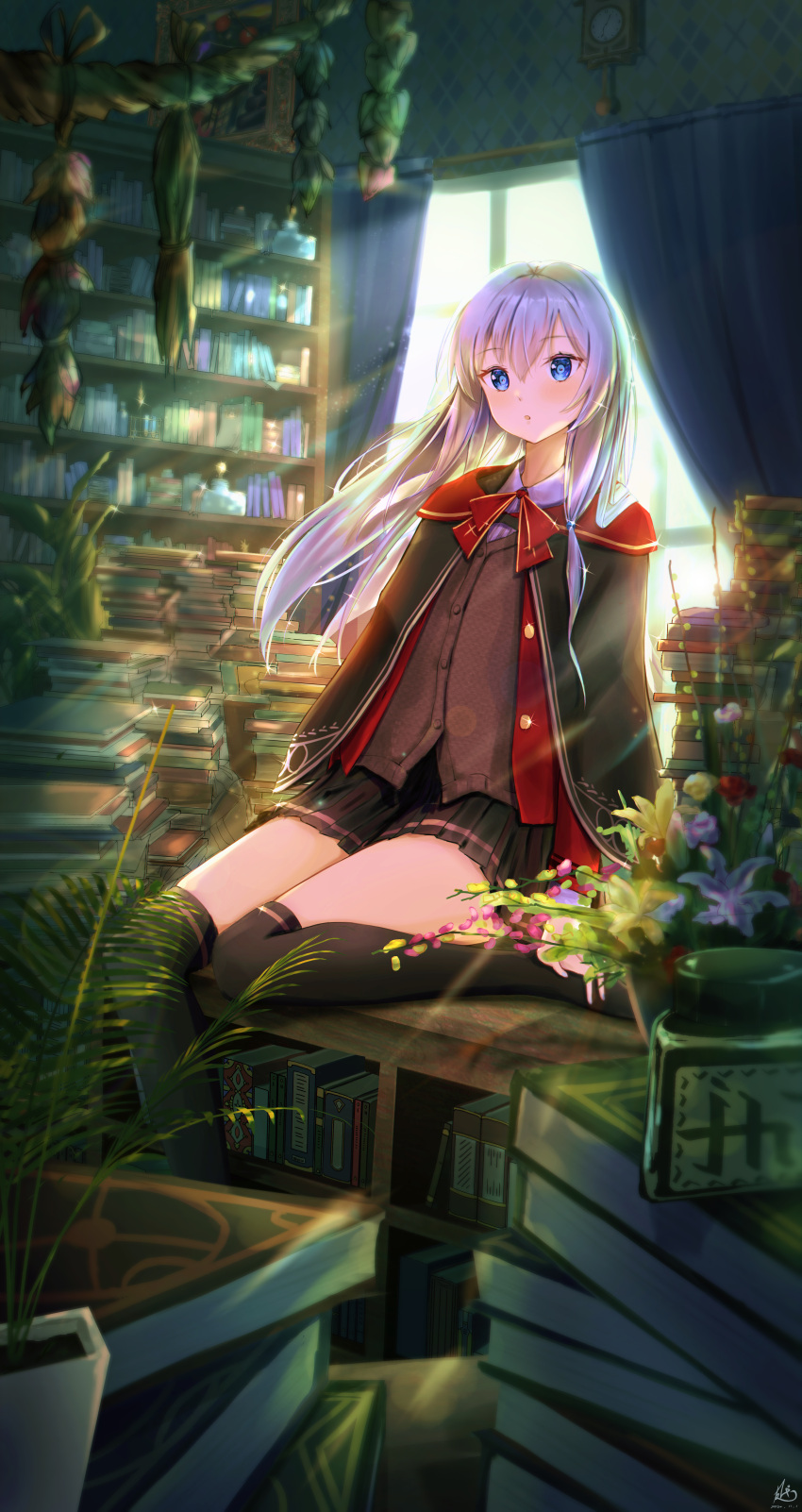 1girl absurdres blue_eyes book_stack bookshelf cloak clock collared_shirt curtains daidai_(daidai826) elaina_(majo_no_tabitabi) eyebrows_visible_through_hair feet_out_of_frame glint highres light_rays long_hair majo_no_tabitabi official_alternate_costume open_mouth over-kneehighs picture_frame plant potted_plant red_neckwear shirt silver_hair sitting skirt solo sweater thigh-highs uniform white_shirt window zettai_ryouiki