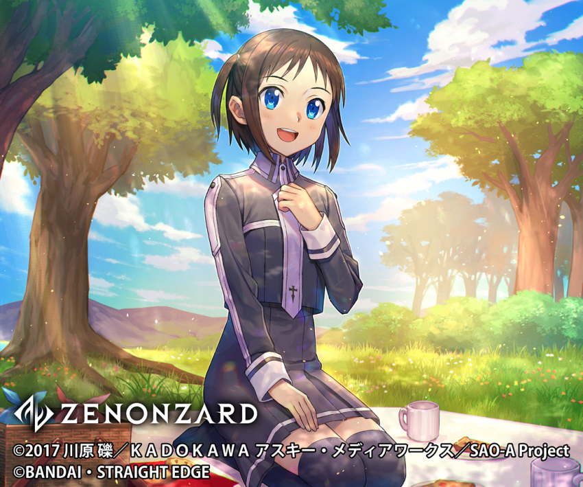 1girl :d black_jacket black_legwear black_skirt blue_eyes blush brown_hair commentary_request cup day food grass hand_on_own_thigh hand_up hashimoto_hato jacket long_sleeves looking_at_viewer no_shoes official_art open_mouth outdoors picnic picnic_basket pie plate ronye_arabel seiza short_hair sitting skirt smile sword_art_online thigh-highs tree upper_teeth zenonzard