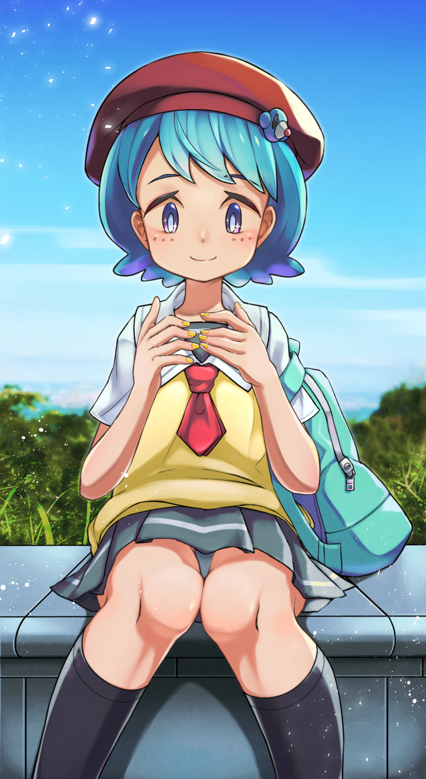 1girl absurdres alternate_costume backpack bag bangs big_anteater black_legwear blue_eyes blue_sky blush collared_shirt day feet_out_of_frame gen_7_pokemon grass grey_skirt hat highres lana_(pokemon) necktie outdoors plant pleated_skirt pokemon pokemon_(game) pokemon_sm popplio red_headwear red_neckwear shirt short_sleeves sitting skirt sky smile socks solo vest white_shirt yellow_nails yellow_vest