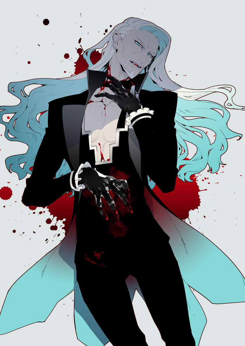 1boy beard blood blood_splatter bloody_hands blue_eyes cowboy_shot facial_hair fate/apocrypha fate_(series) formal fur-trimmed_sleeves fur_trim highres holding holding_weapon koshiro_itsuki limited_palette long_hair long_sleeves male_focus shaded_face simple_background smile solo suit vlad_iii_(fate/apocrypha) weapon
