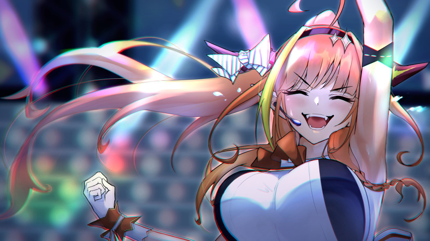 1girl ^_^ absurdres black_headband clenched_hands close-up closed_eyes fangs floating_hair headband headset highres hololive idol_clothes kiryuu_coco naoya-choei-t-0922 open_mouth orange_hair ponytail solo tied_hair virtual_youtuber