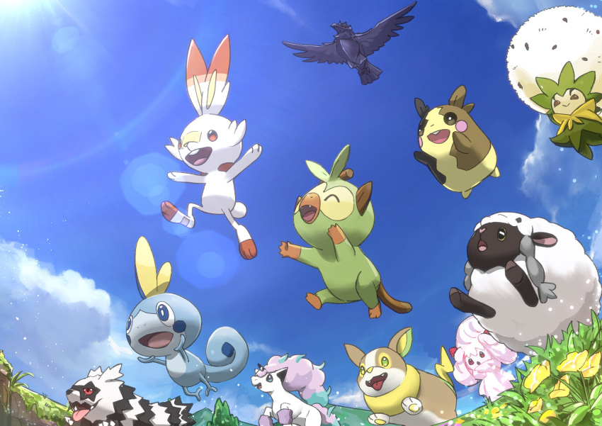 absurdres alcremie blue_eyes brown_eyes closed_mouth clouds commentary_request corviknight day eldegoss fangs flower from_below galarian_form galarian_ponyta galarian_zigzagoon gen_8_pokemon grass grookey happy highres lens_flare morpeko morpeko_(full) no_humans open_mouth outdoors pokemon pokemon_(creature) rii2 scorbunny sky smile sobble tongue wooloo yamper yellow_flower