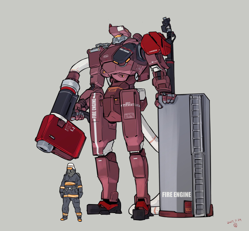 1boy dated english_text firefighter gun highres holding holding_gun holding_weapon looking_ahead mecha moi_moi7 original science_fiction size_difference standing weapon