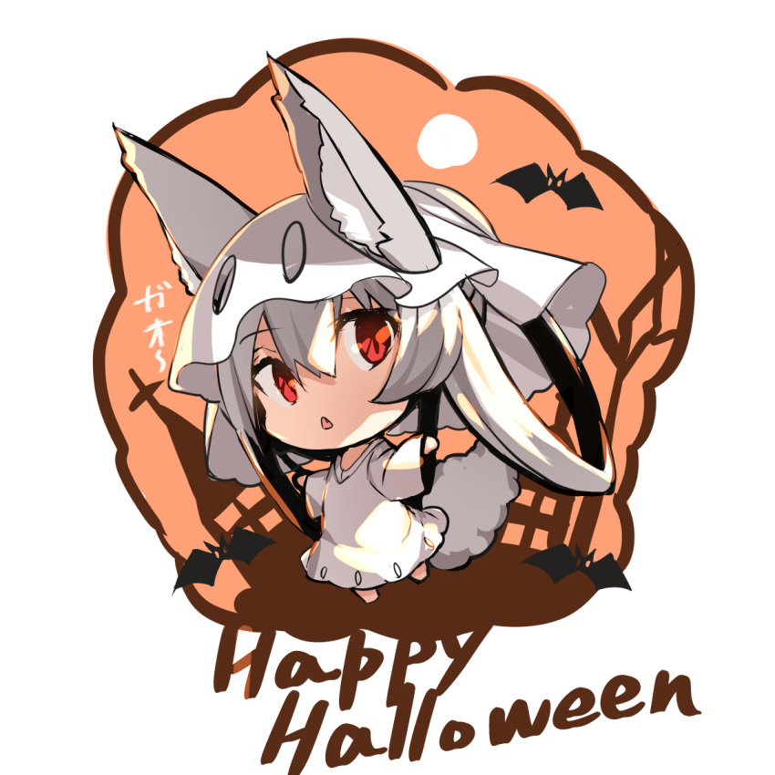 1girl :&lt; animal animal_ear_fluff animal_ears bangs barefoot bat chibi dress ears_through_headwear eyebrows_visible_through_hair fang fox_ears fox_girl fox_tail hair_between_eyes hair_rings halloween happy_halloween highres long_hair long_sleeves looking_at_viewer original parted_lips red_eyes silver_hair solo tail translation_request triangle_mouth very_long_hair white_background white_dress wide_sleeves yuuji_(yukimimi)