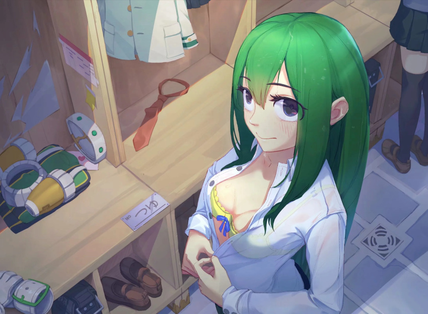 2girls :&gt; asui_tsuyu boku_no_hero_academia bra eyes_visible_through_hair finaru-dorim folded_clothes from_above green_eyes green_hair highres indoors letter locker locker_room long_hair long_sleeves looking_at_viewer multiple_girls necktie necktie_removed pleated_skirt red_neckwear shirt shoes_removed skirt solo_focus thigh-highs tile_floor tiles unbuttoning underwear undressing white_shirt yellow_bra