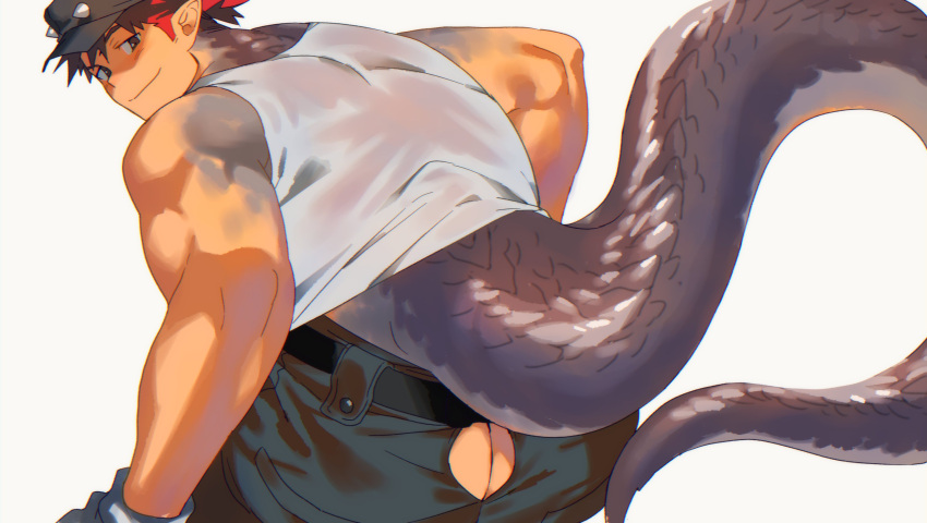 1boy ass ass_cutout bara bare_shoulders black_hair butt_crack clothing_cutout denim gloves hat highres jeans looking_at_viewer looking_back male_focus multicolored_hair muscle original pants redhead scales short_hair smile snake_boy snake_tail solo st05254 tail tank_top two-tone_hair white_tank_top