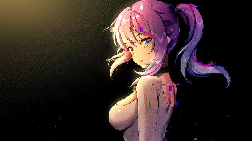 1girl absurdres blue_background blue_eyes breasts choker foxyrain glitch highres looking_at_viewer medium_breasts melody_(projektmelody) open_mouth projektmelody purple_hair sidelocks solo tears tied_hair virtual_youtuber