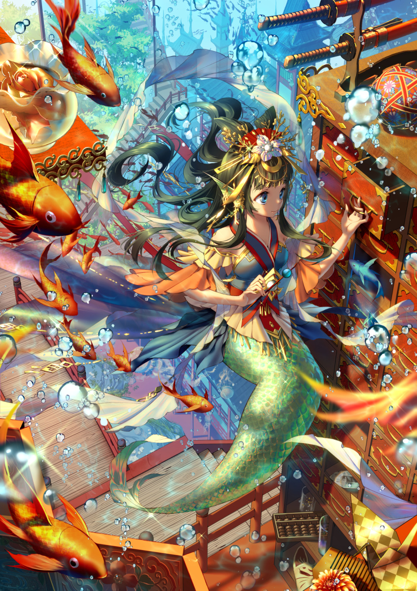 1girl air_bubble bare_shoulders black_hair blue_eyes breasts bubble cabinet closed_mouth fish floating_hair goldfish hair_ornament hand_up highres lilithbloody long_hair medium_breasts mermaid monster_girl original smile solo stairs underwater