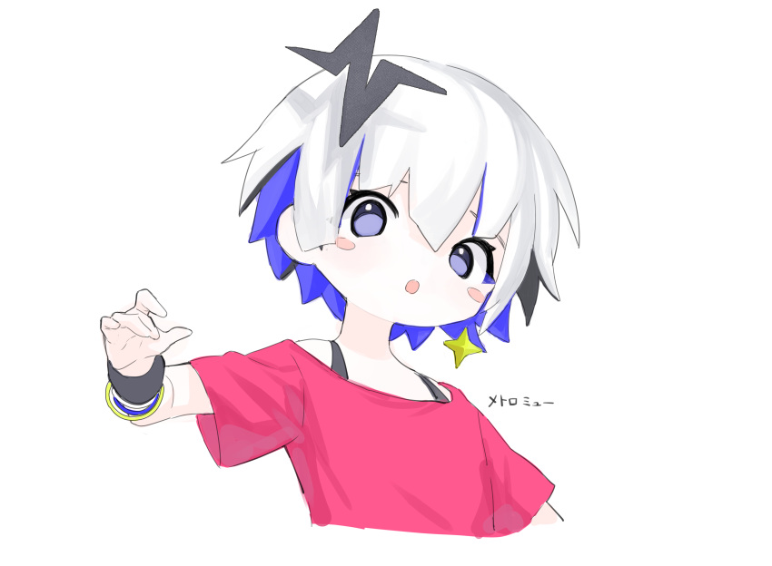 1girl absurdres bangs blue_hair blush_stickers bracelet eclair_groove hand_up highres jewelry metro_mew multicolored_hair pink_shirt shadow shirt short_hair short_sleeves simple_background single_earring solo two-tone_hair upper_body vickyycy99 white_background white_hair