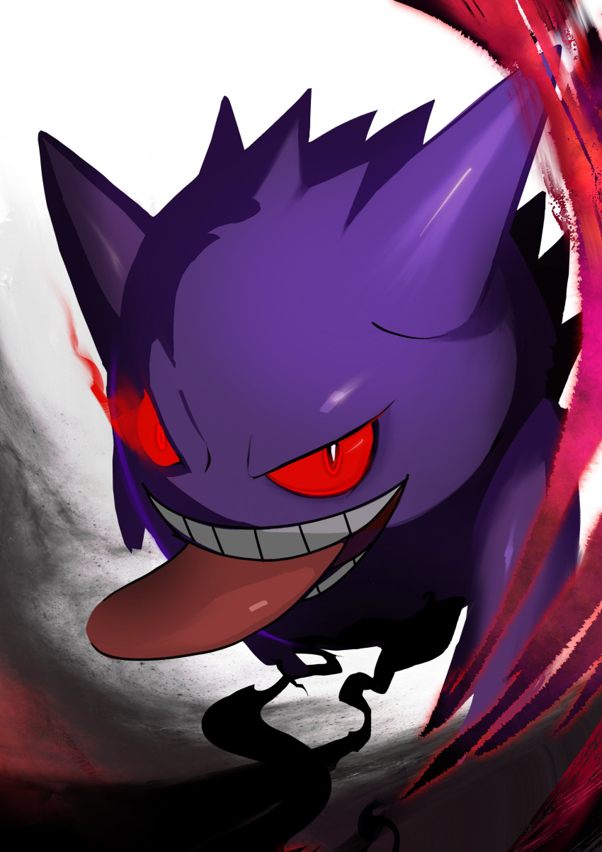 absurdres commentary_request gen_1_pokemon gengar glowing glowing_eyes highres looking_at_viewer no_humans open_mouth pokemon pokemon_(creature) red_eyes rii2 shiny smile solo teeth tongue tongue_out