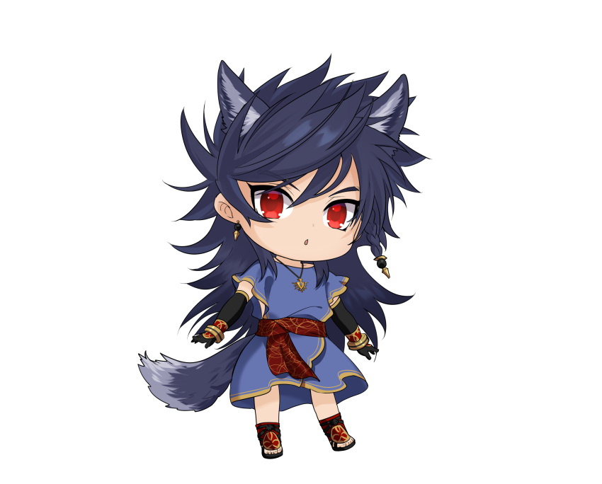 1boy :o alternate_skin_color animal_ears bangs chibi dark_blue_hair earrings elbow_gloves fate/grand_order fate_(series) full_body gloves highres jewelry long_hair male_focus necklace onasu_(sawagani) pale_skin red_eyes roman_clothes romulus_quirinus_(fate/grand_order) short_sleeves side_cutout tail upper_body very_long_hair wolf_boy wolf_ears wolf_tail