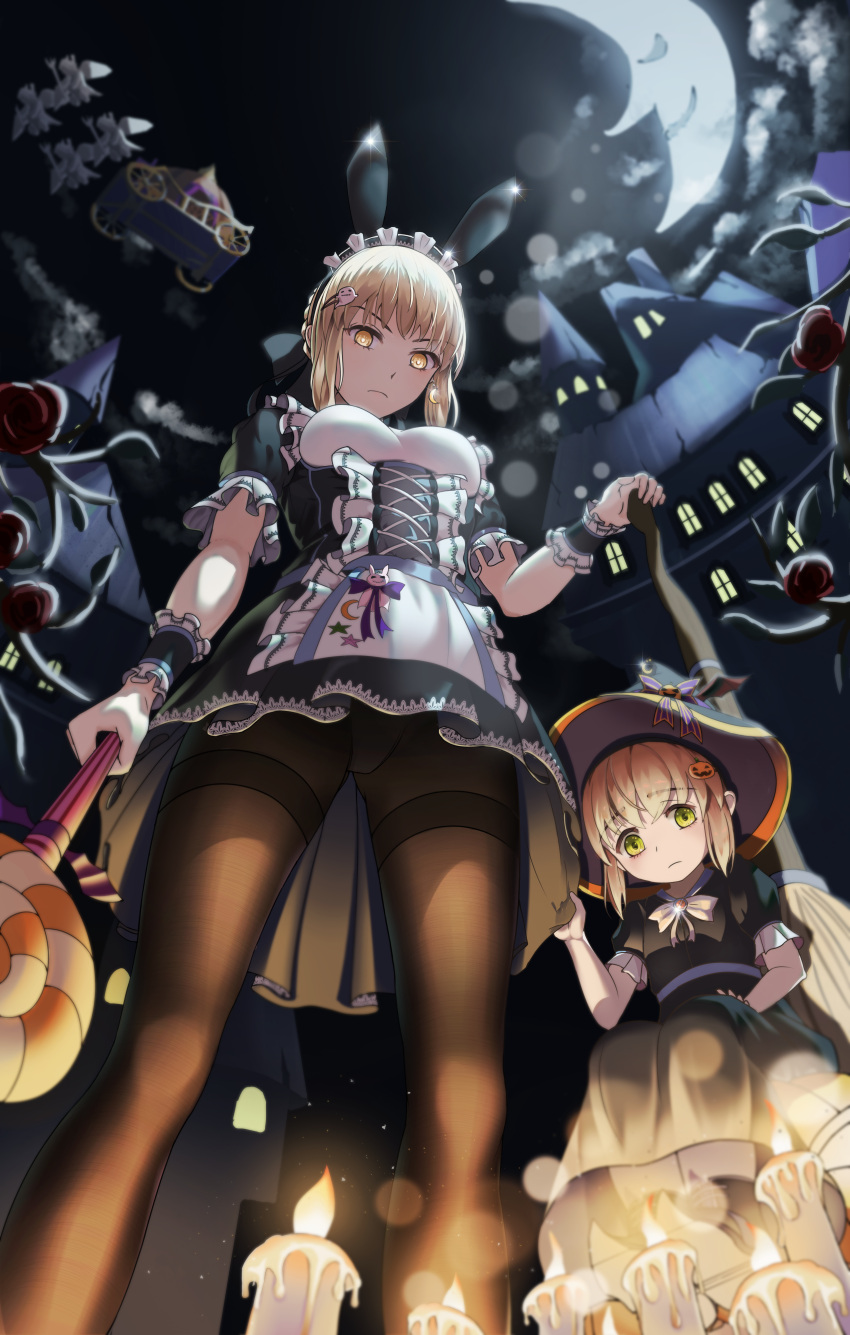 2girls absurdres animal_ears apron artoria_pendragon_(all) black_legwear blonde_hair building candle clouds crescent_moon dress fake_animal_ears fate/grand_order fate_(series) food frilled_dress frills green_eyes halloween halloween_costume hat highres huge_filesize long_hair looking_at_viewer lu_(ssuel) maid maid_headdress moon multiple_girls night night_sky outdoors pantyhose rabbit_ears saber saber_alter sidelocks sky witch_hat yellow_eyes