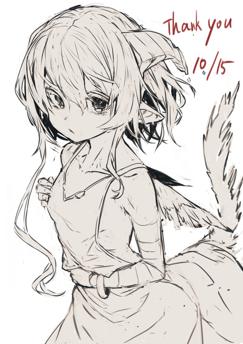 1girl bandaged_arm bandages bangs bare_shoulders closed_mouth collarbone curled_horns dated dress feathered_wings hair_between_eyes highres horns looking_at_viewer mini_wings monochrome original pointy_ears simple_background sleeveless sleeveless_dress solo tail_raised thank_you white_background wings yuuji_(yukimimi)