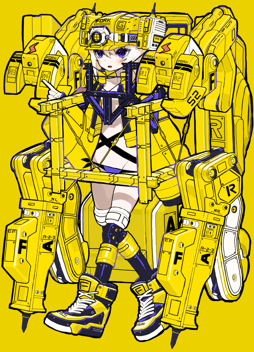 1girl absurdres blush full_body highres index_finger_raised lightning_bolt machine machinery muzinneki open_mouth original shadow shoes simple_background solo violet_eyes walking white_hair yellow_background yellow_footwear yellow_theme