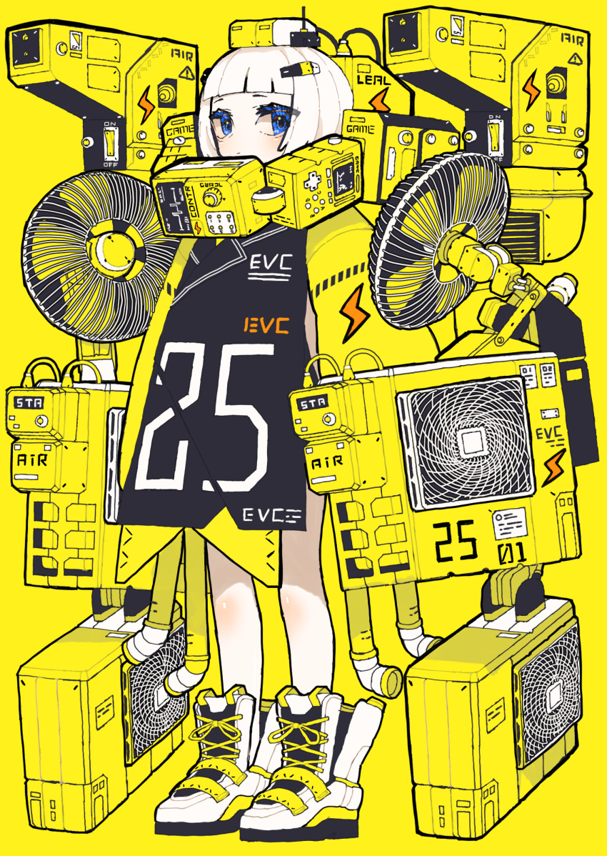 1girl air_conditioner bangs blue_eyes blunt_bangs electric_fan fan full_body hair_ornament hairclip highres lightning_bolt machine machinery muzinneki original shoes simple_background solo standing white_footwear white_hair yellow_background