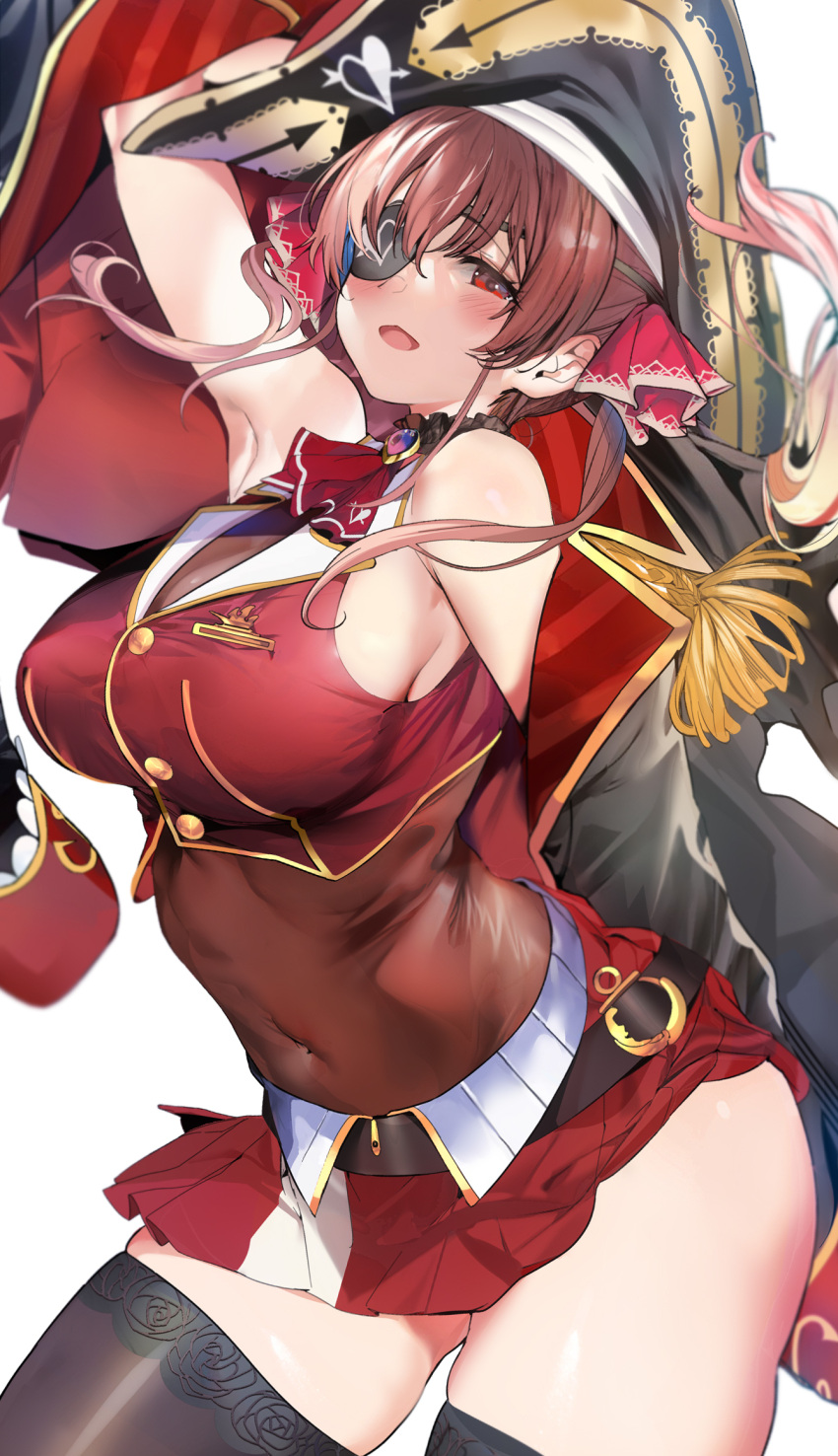1girl ascot bangs belt bicorne black_jacket black_legwear blush breasts brooch covered_navel crop_top epaulettes gold_trim hair_ribbon hat highres hololive houshou_marine jacket jewelry large_breasts long_hair long_sleeves looking_at_viewer marushin_(denwa0214) miniskirt off_shoulder open_clothes open_jacket open_mouth pirate_costume pleated_skirt red_eyes red_jacket red_ribbon red_skirt ribbon skirt smile thigh-highs thighs twintails two-tone_skirt virtual_youtuber