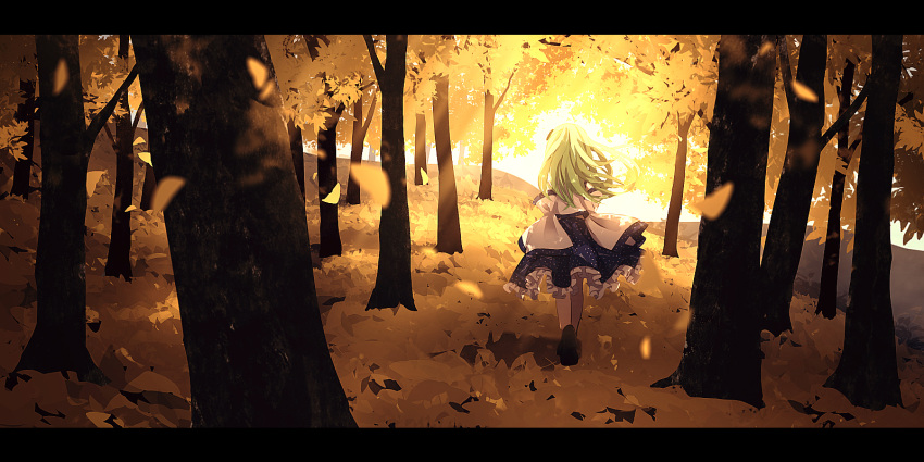 autumn autumn_leaves blue_skirt commentary detached_sleeves dise falling_leaves floating_hair forest frilled_skirt frills from_behind gensoukyou ginkgo ginkgo_leaf green_hair hair_ornament highres kochiya_sanae leaf letterboxed light light_rays long_hair long_skirt long_sleeves nature plant scenery shadow shirt skirt sleeveless sleeveless_shirt sleeves_past_fingers sleeves_past_wrists sunlight touhou tree tree_shade walking white_shirt wide_shot wide_sleeves youkai_mountain