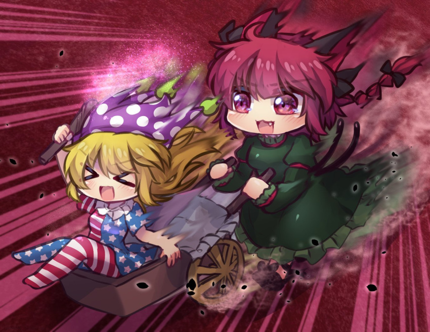 &gt;_&lt; 2girls american_flag american_flag_dress american_flag_legwear animal_ears black_bow black_tail blonde_hair bow braid cat_ears closed_eyes clownpiece dress fang green_dress hair_bow hat jester_cap kaenbyou_rin long_sleeves multiple_girls multiple_tails neck_ruff no_wings open_mouth polka_dot polka_dot_headwear purple_headwear red_background red_eyes redhead side_braid smile star_(symbol) star_print striped striped_dress striped_legwear tail torch touhou twin_braids two_tails unime_seaflower wheelbarrow