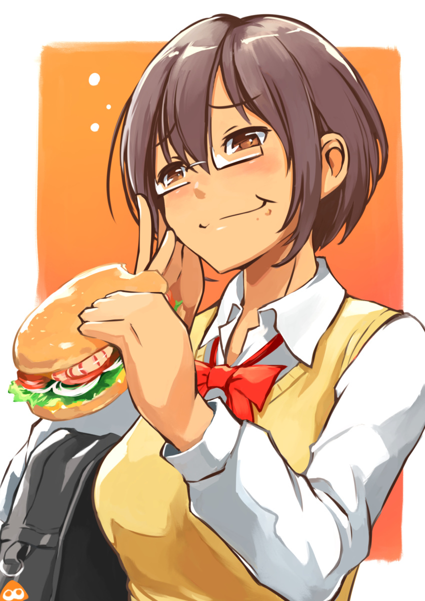 1girl bag black_bag blush border bow bowtie brown_eyes brown_hair collared_shirt eating eyebrows_visible_through_hair food glasses hamburger hand_up hasegawa_(morebeer) highres lettuce orange_background original red_neckwear shirt short_hair shoulder_bag solo tomato upper_body vest white_border white_shirt yellow_vest