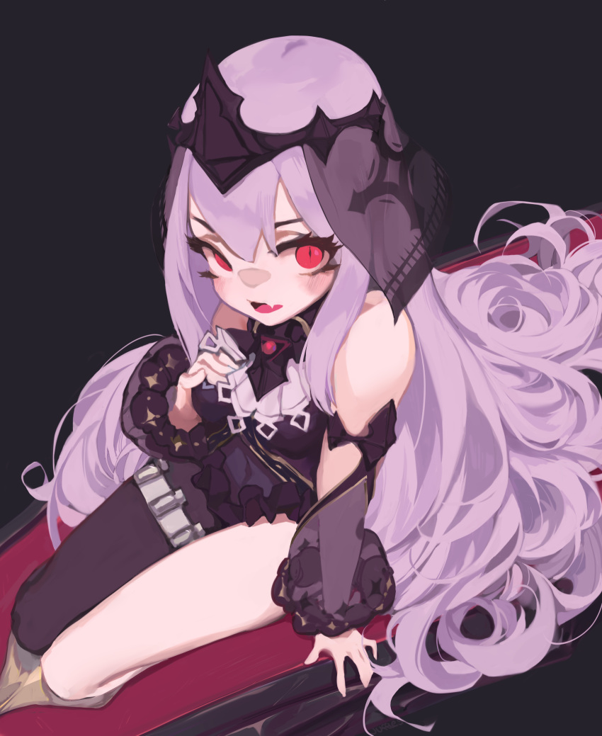 1girl bare_shoulders blush coffin epic7 fang highres juffles light_purple_hair long_hair looking_at_viewer melissa_(epic7) open_mouth purple_hair red_eyes see-through single_thighhigh sitting skin_fang slit_pupils solo thigh-highs tongue vampire veil very_long_hair vial