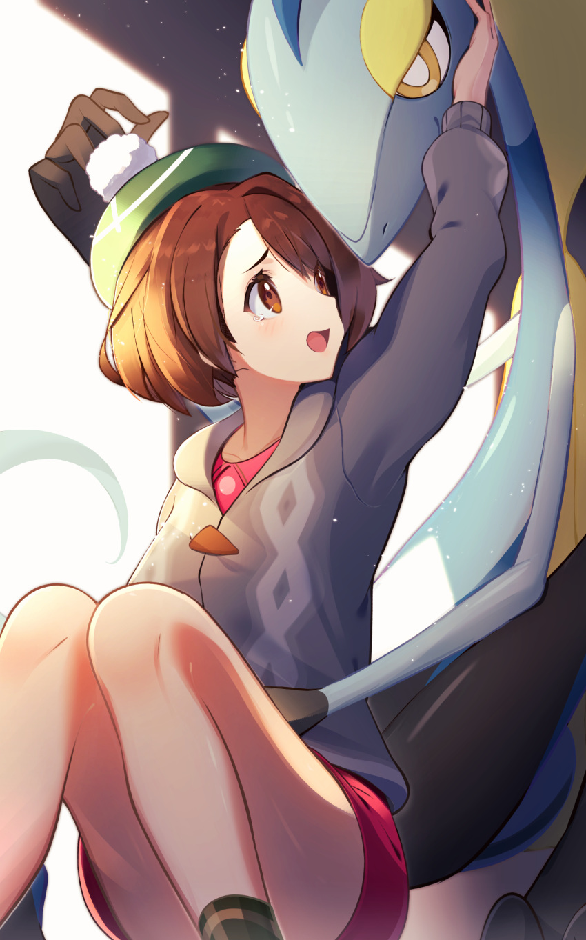1girl arm_up bangs bob_cut brown_eyes brown_hair buttons cardigan collared_dress commentary_request dress gen_8_pokemon gloria_(pokemon) green_headwear grey_cardigan hat highres hooded_cardigan inteleon knees knees_together light_blush looking_up open_mouth pink_dress plaid plaid_legwear pokemon pokemon_(creature) pokemon_(game) pokemon_swsh short_hair smile socks takom tam_o'_shanter tearing_up tongue