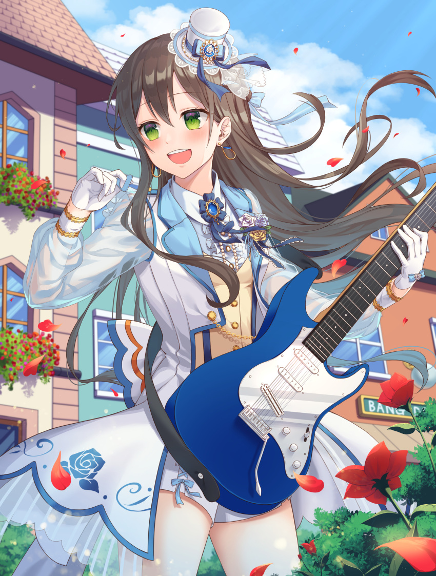 1girl :d absurdres back_bow bang_dream! bangs blue_hair blue_neckwear blue_sky bow brown_hair building bush clouds collared_shirt commentary day earrings electric_guitar flower gem gloves gradient_hair green_eyes guitar hair_ribbon hanazono_tae hat hat_ribbon highres holding holding_instrument house instrument jewelry long_hair long_sleeves multicolored_hair open_mouth outdoors petals petticoat poppin'party ribbon rooftop rose see-through see-through_sleeves shirt sky smile solo ssalgolae standing sunlight symbol_commentary thighs top_hat two-tone_hair upper_teeth vest white_flower white_gloves white_headwear white_rose white_shirt window yellow_vest