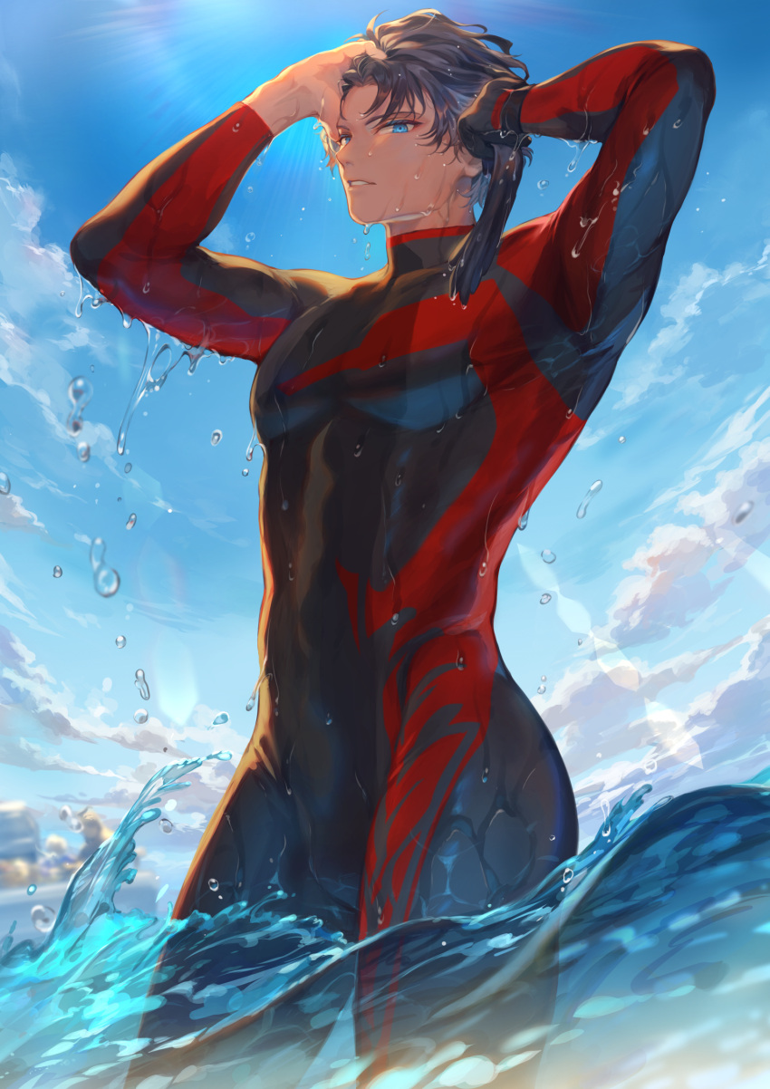 1boy arms_up bangs bartholomew_roberts_(fate/grand_order) black_bodysuit black_gloves black_hair blue_eyes bodysuit commentary_request cowboy_shot day diving_suit fate/grand_order fate_(series) from_below gloves gloves_removed hand_in_hair highres holding holding_clothes holding_gloves looking_at_viewer looking_down male_focus mashuu_(neko_no_oyashiro) multicolored multicolored_bodysuit multicolored_clothes outdoors parted_lips red_bodysuit skin_tight smile solo swimsuit teeth wading water water_drop wet wet_hair