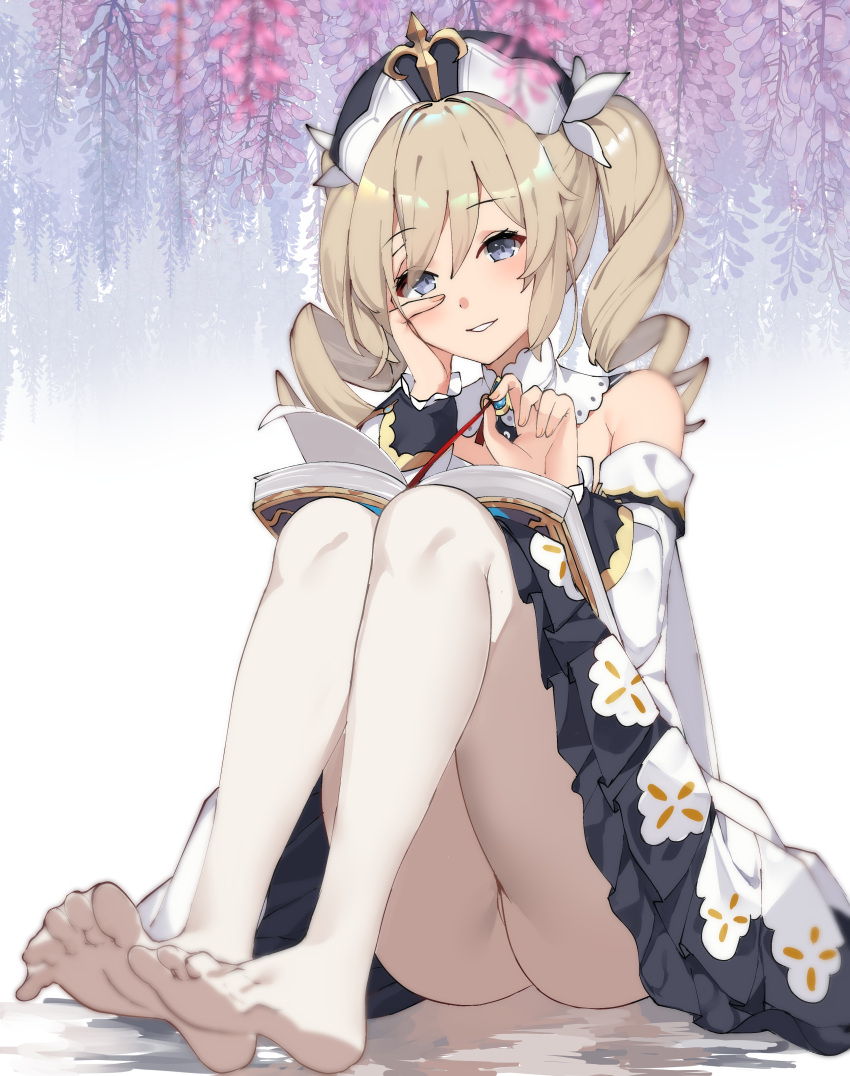 1girl :d absurdres barbara_(genshin_impact) bare_shoulders blonde_hair blue_eyes book dress drill_hair frilled_dress frills genshin_impact hair_ornament hand_on_own_cheek hat highres long_sleeves looking_at_viewer no_shoes open_mouth pantyhose petals sitting smile soles toes twin_drills twintails vierzeck white_dress white_legwear