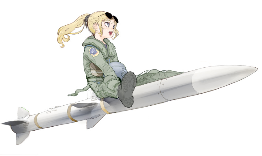 1girl :d aim-120_amraam black_footwear blonde_hair blue_eyes boots eyewear_on_head freckles from_side green_jacket green_pants headwear_removed helmet helmet_removed highres jacket long_hair long_sleeves military military_uniform missile mochi_(circle_rin) open_mouth original pants pilot_helmet ponytail riding_bomb simple_background smile solo sunglasses uniform white_background